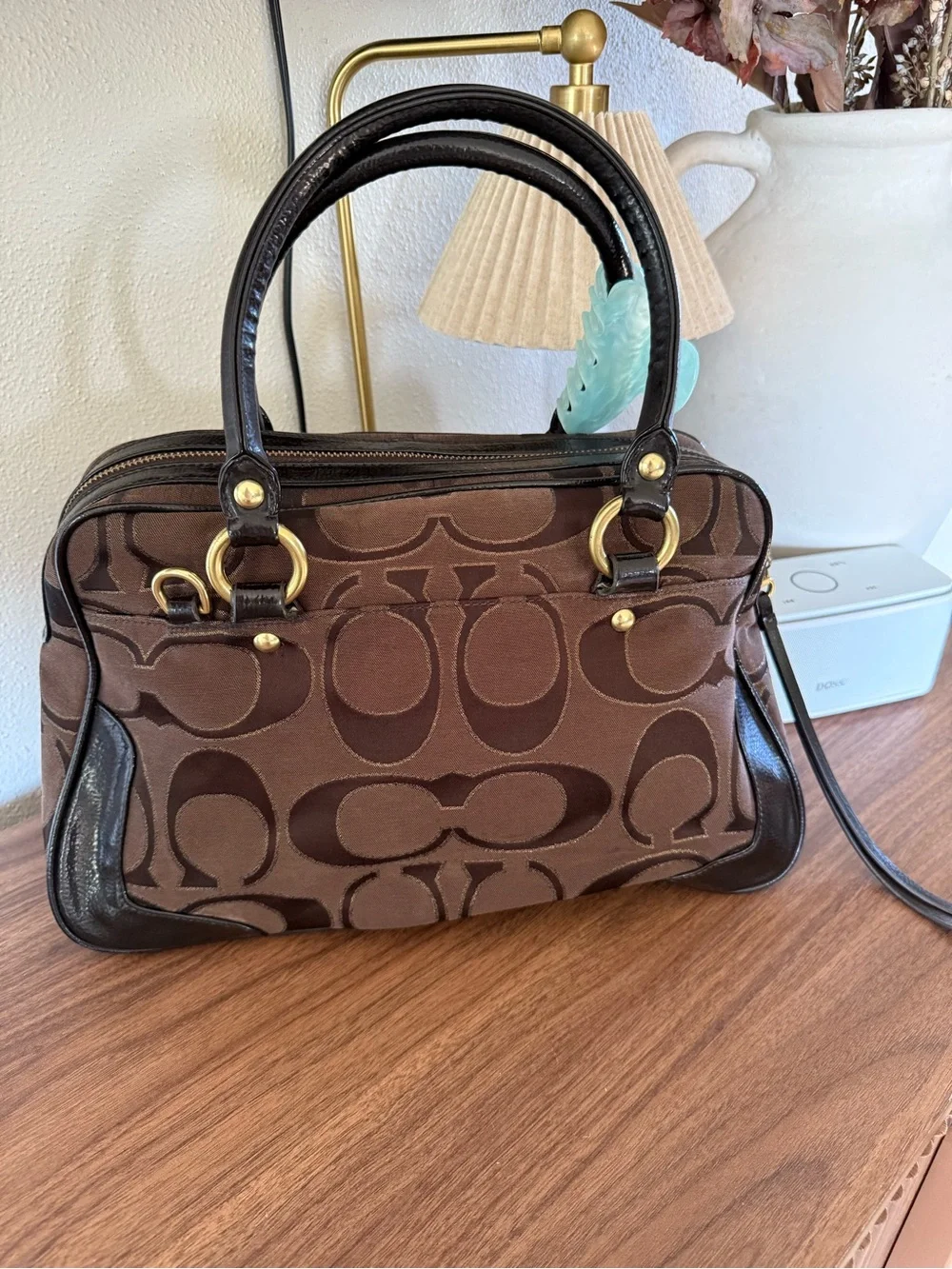 Coach Brown Signature Pattern Satchel with Gold Hardware